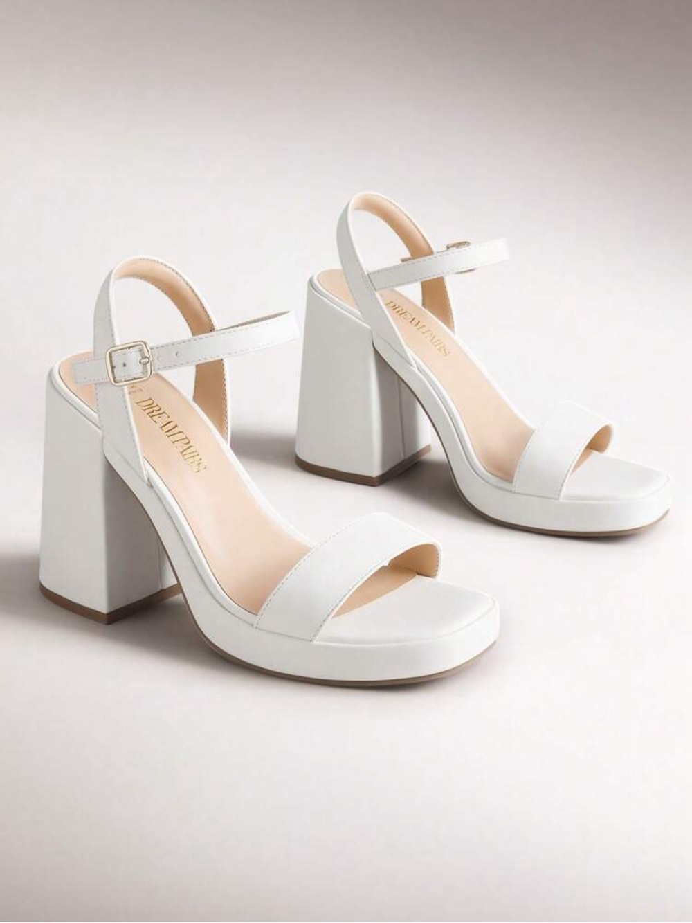 Block Heel Ankle Strap heels- White